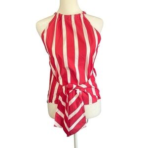 TRINA TURK Mika 2 Stripe Front Tie Halter Top Back Bow Blouse Red White Size XS